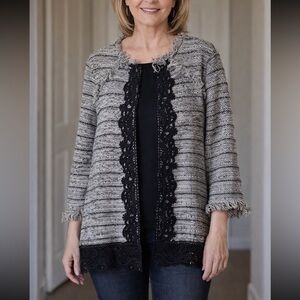 Chicos Gray Black Tweed Fringe Lace Trim 3/4 Sleeve Cardigan Sweater Size 3/Lg.